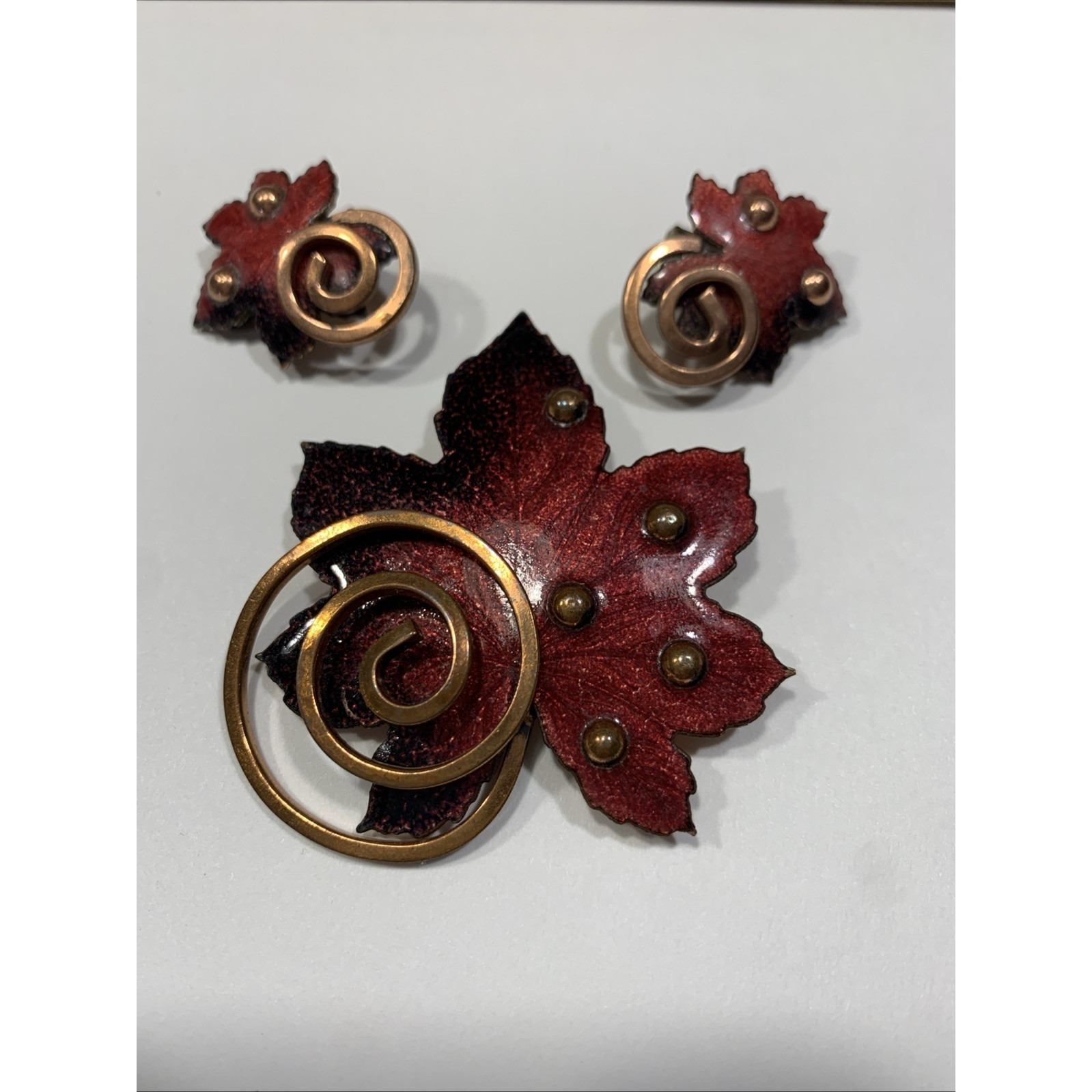 Vintage Matisse Renoir Red Enamel Copper Leaf Brooch Pin Clip Earrings Set